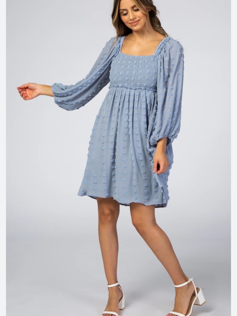 Listicle Dress Blue Textured Dot Smocked Long Sleeve NWOT Flowy